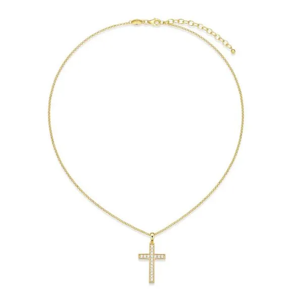 Sterling Silver Gold Plated CZ Grace Contemporary Cross Necklace with 14K Yellow Gold Finish 17