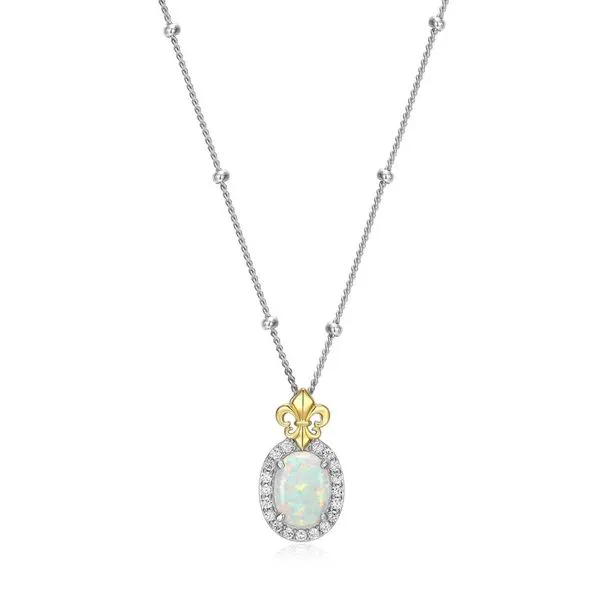 Sterling Silver L'Opal Created Oval Opal and Cubic Zirconia Fleur De Lis Necklace 17