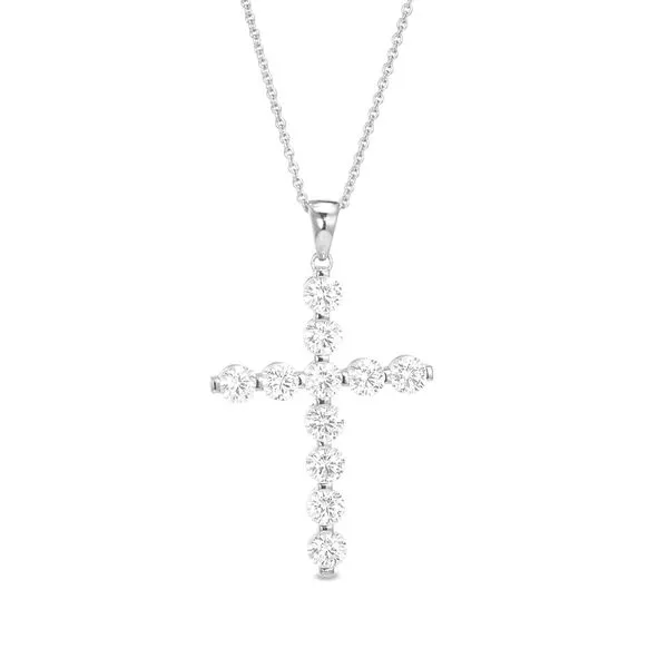 Platinum Finish Sterling Silver Fancy Beaded Bezel Set Cross Pendant with Simmulated Diamonds Blocher Jewelers Ellwood City, PA