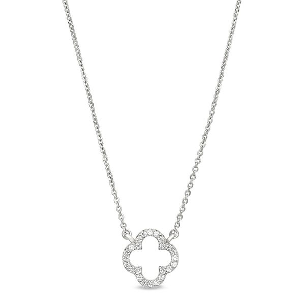 Platinum Finish Sterling Silver Micropave Open Clover Necklace with Simulated Diamonds on 16-18 Adjustable Chain Blocher Jewelers Ellwood City, PA