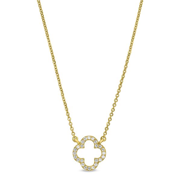 Gold Finish Sterling Silver Micropave Open Clover Necklace with Simulated Diamonds on 16-18 Adjustable Chain Blocher Jewelers Ellwood City, PA