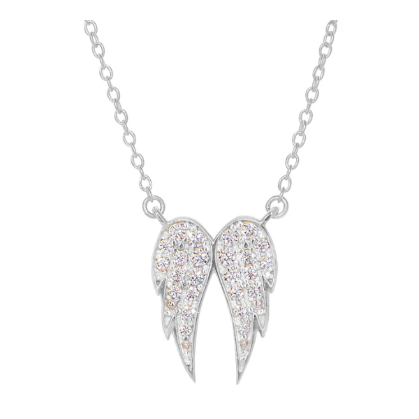 Platinum Finish Sterling Silver Angel Wings Necklace W Simulatied Diamionds Blocher Jewelers Ellwood City, PA