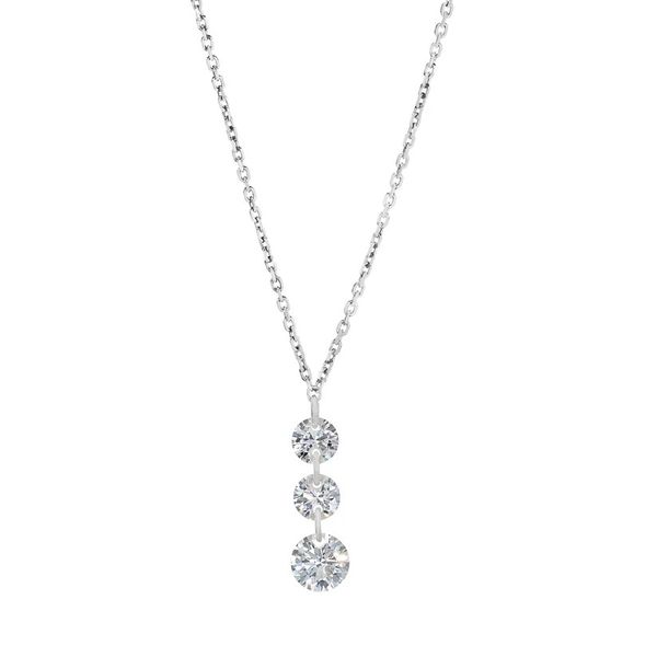 Sterling Silver Three Stone Drop Necklace with Simulated Diamonds on 16-18