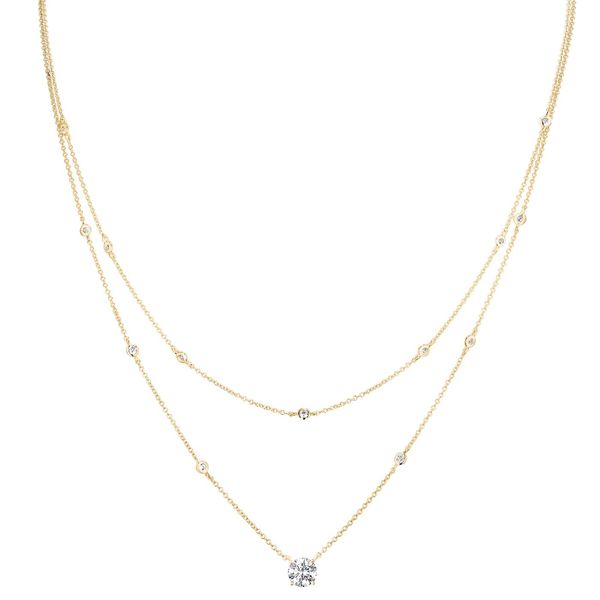 Gold Vermeil Sterling Silver Micropave 2 Chain Layered Necklace with Small Round Bezel Set Simulated Diamonds and One Solitaire Prong Set Simulated Di Blocher Jewelers Ellwood City, PA