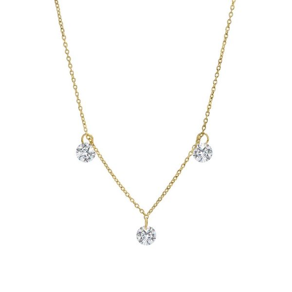 Gold Vermeil Sterling Silver Drilled Three Simulated Diamonds Dangle Necklace 16