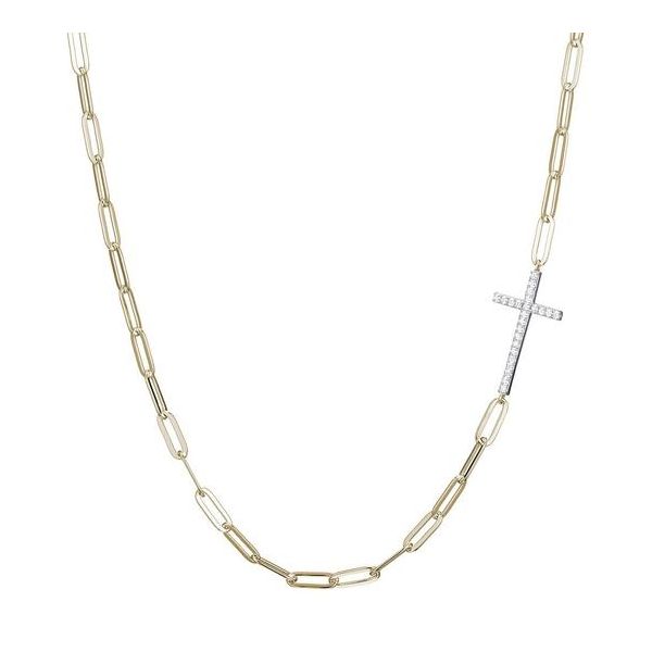Two-Tone Sterling Silver Necklace made with Paperclip Chain and Sideways CZ Cross Blocher Jewelers Ellwood City, PA