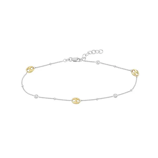 Sterling Silver Anklet with Yellow Plated Puff Link and CZ Blocher Jewelers Ellwood City, PA