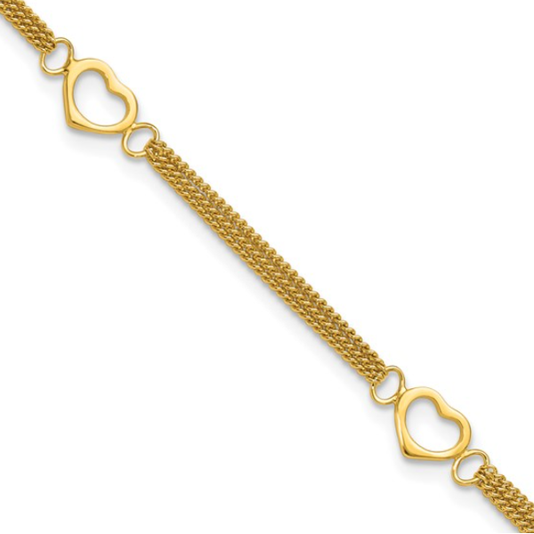 Sterling Silver Gold-tone Polished Heart Multi-Strand 10in Anklet Image 2 Blocher Jewelers Ellwood City, PA