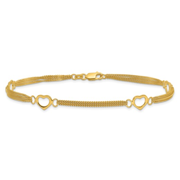 Sterling Silver Gold-tone Polished Heart Multi-Strand 10in Anklet Blocher Jewelers Ellwood City, PA