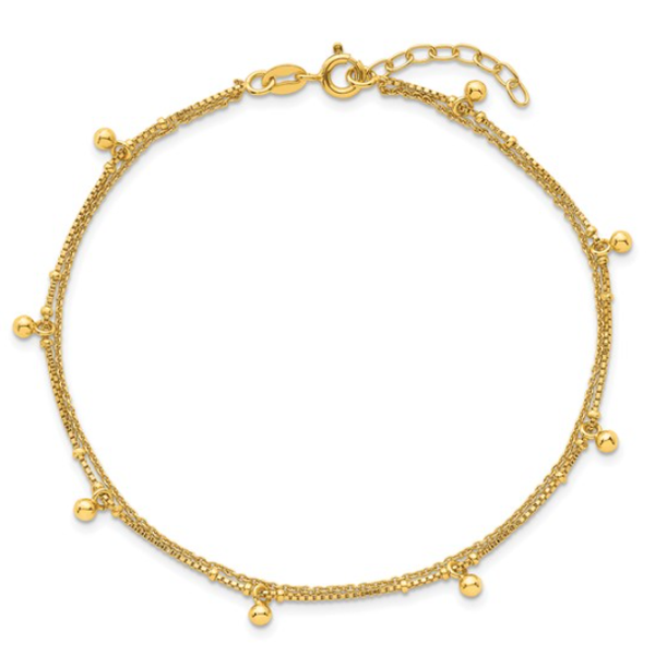 Sterling Silver Gold-tone Beaded 2-Strand 9 inch Plus 1 inch Extender - Total 10 inch Anklet Blocher Jewelers Ellwood City, PA