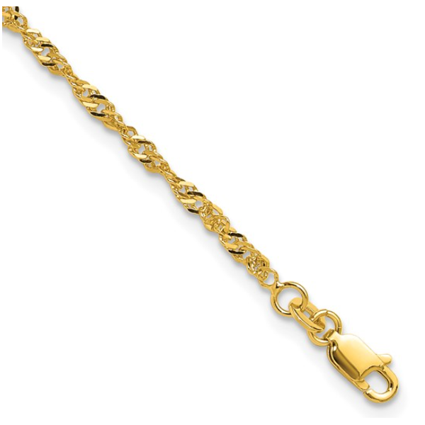 Sterling Silver Gold-tone 3mm Singapore Chain 9 inch Plus 1 inch Extender - Total 10 inch Anklet Image 2 Blocher Jewelers Ellwood City, PA