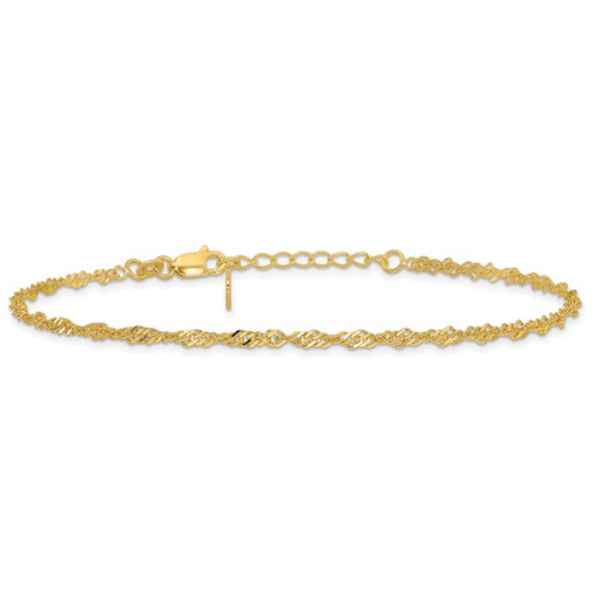 Sterling Silver Gold-tone 3mm Singapore Chain 9 inch Plus 1 inch Extender - Total 10 inch Anklet Blocher Jewelers Ellwood City, PA