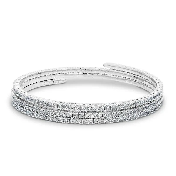 Platinum Finish Sterling Silver Triple Wrap Flexible Bracelet with Simulated Diamonds Blocher Jewelers Ellwood City, PA
