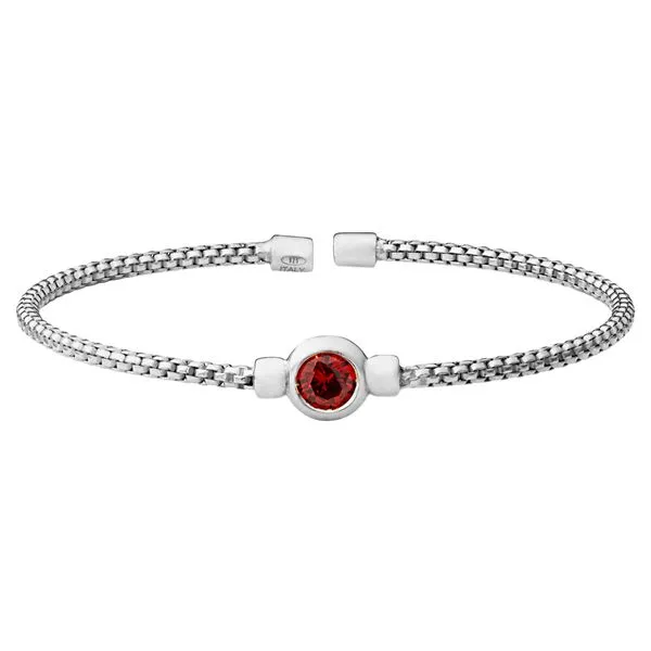 Rhodium Finish Sterling Silver Rounded Box Link Cuff Bracelet with Bezel Set Simulated Garnet Birth Gem Blocher Jewelers Ellwood City, PA
