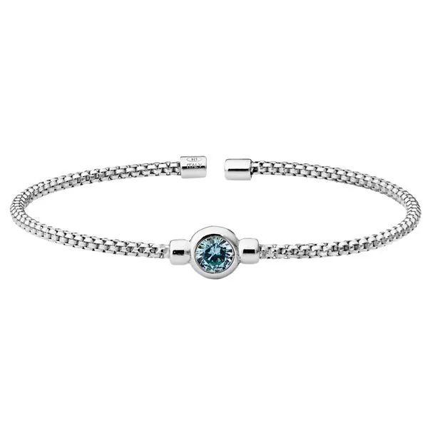 Rhodium Finish Sterling Silver Rounded Box Link Cuff Bracelet with Bezel Set Simulated Aqua Marine Birth Gem Blocher Jewelers Ellwood City, PA