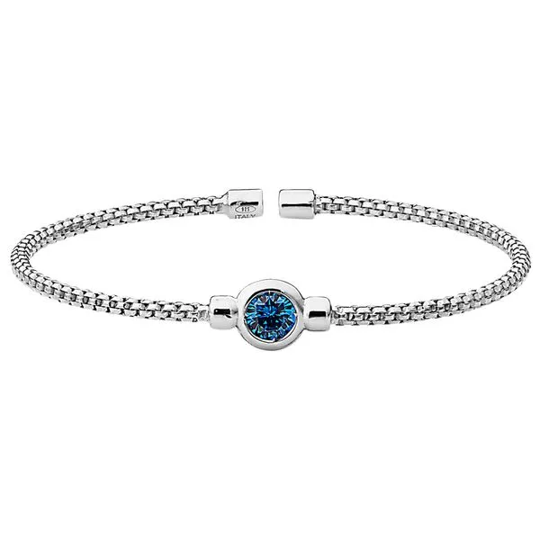 Rhodium Finish Sterling Silver Rounded Box Link Cuff Bracelet with Bezel Set Simulated Blue Topaz Birth Gem Blocher Jewelers Ellwood City, PA