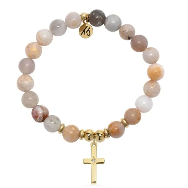 Australian Agate Bracelet with Gold Plated CZ Cross Charm Blocher Jewelers Ellwood City, PA