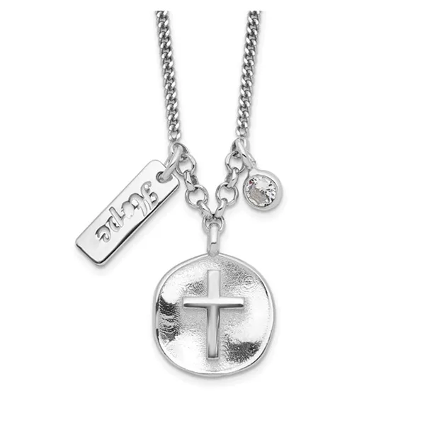 Sterling Silver Rhodium-plated Satin Cross Hope CZ with .5in Ext Bracelet Blocher Jewelers Ellwood City, PA