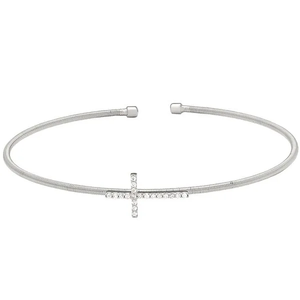Rhodium Finish Sterling Silver Cable Cuff Cross Bracelet with Simulated Diamonds Blocher Jewelers Ellwood City, PA