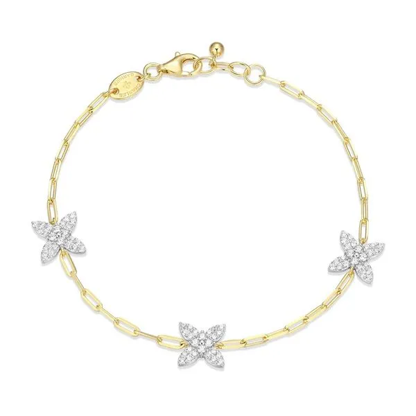 Sterling Silver Gold Plated CZ Flora Station Bracelet with 14K Yellow Gold and Rhodium Finishes 6.75