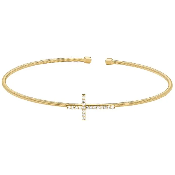 Gold Finish Sterling Silver Cable Cuff Cross Bracelet with Simulated Diamonds Blocher Jewelers Ellwood City, PA