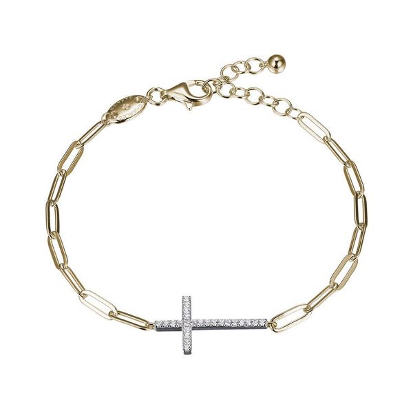 Sterling Silver Bracelet made with Paperclip Chain and CZ Cross Yellow Gold and Rhodium Finish Blocher Jewelers Ellwood City, PA