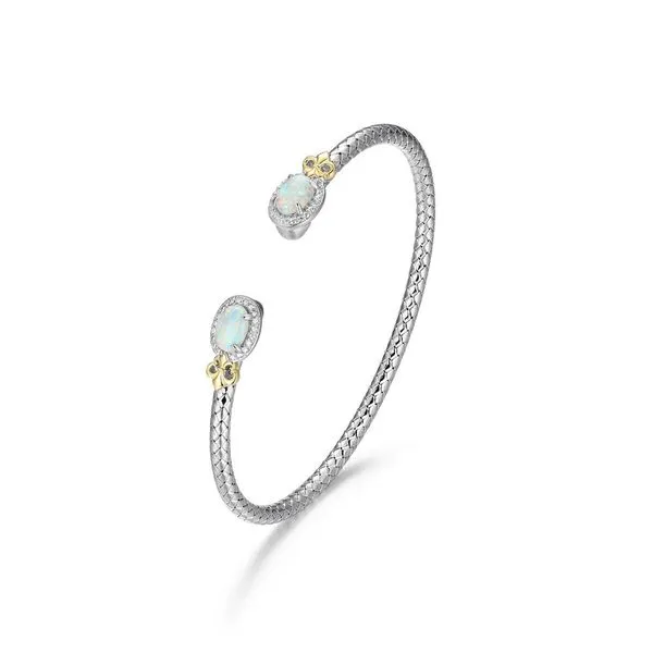 Sterling Silver L'Opal Created Oval Opal and Cubic Zirconia Fleur De Lis Cuff Bracelet Inner Circumference 6.75