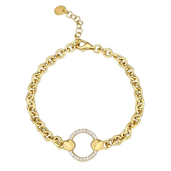 Gold Finish Sterling Silver Micropave Cable Link Bracelet With Central Open Circle Adjustable 7.5