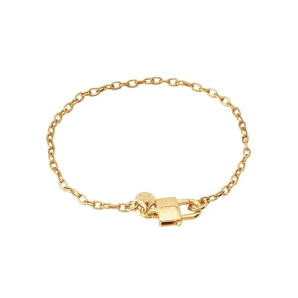 Italian sterling silver link bracelet with 1 micron yellow gold plating featuring a lock pendant. 7 inch Blocher Jewelers Ellwood City, PA