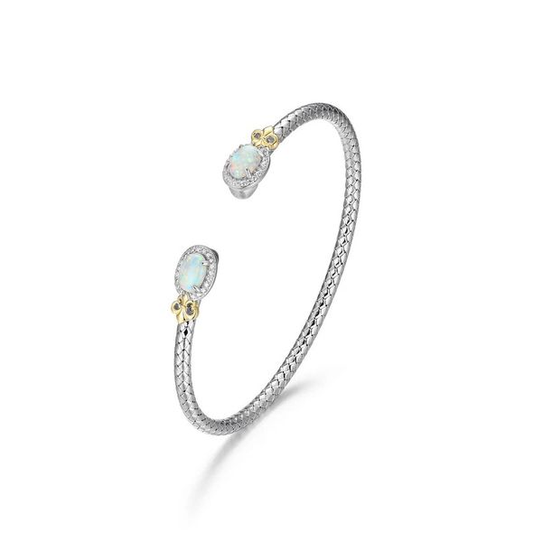 Sterling Silver L'Opal Created Oval Opal and Cubic Zirconia Fleur De Lis Cuff Bracelet Inner Circumference 6.75