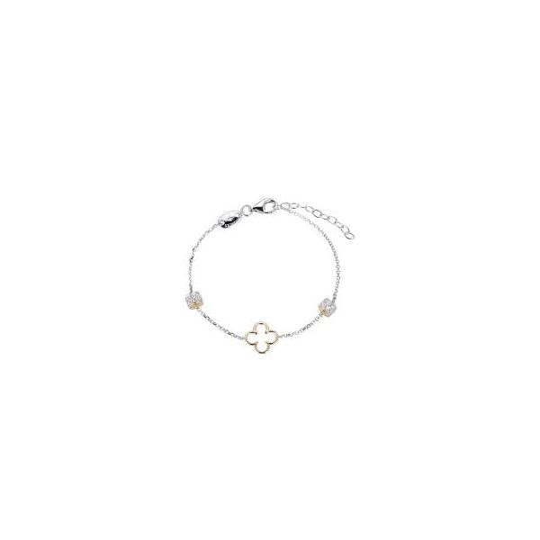 Sterling Silver Bracelet Made with Rolo Chain and CZ Rondelles, Clover Stations, Rhodium and 18K Yellow Gold Finish Blocher Jewelers Ellwood City, PA