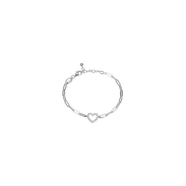 Sterling Silver Bracelet Made with Paperclip Chain and CZ Open Heart Blocher Jewelers Ellwood City, PA