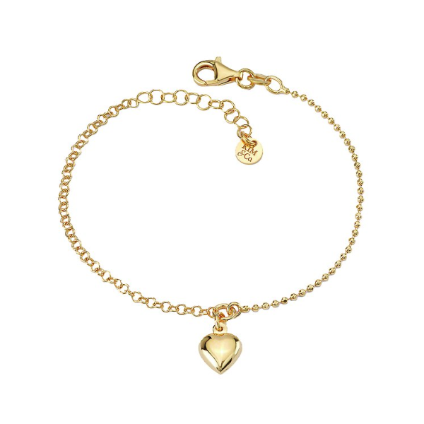 14K Gold Plated Half Rolo Chain And Half Bead Chain With Puffed Heart Charm, 8