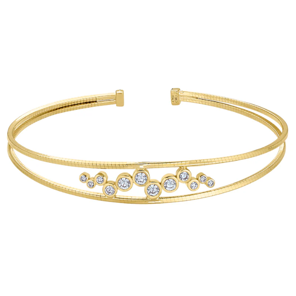 Sterling Silver Two-Omega Cable Cuff Bracelet In Gold Finish. Featuring Simulated Bezel-Set Diamonds In A Bubble Design Between The Cables Blocher Jewelers Ellwood City, PA