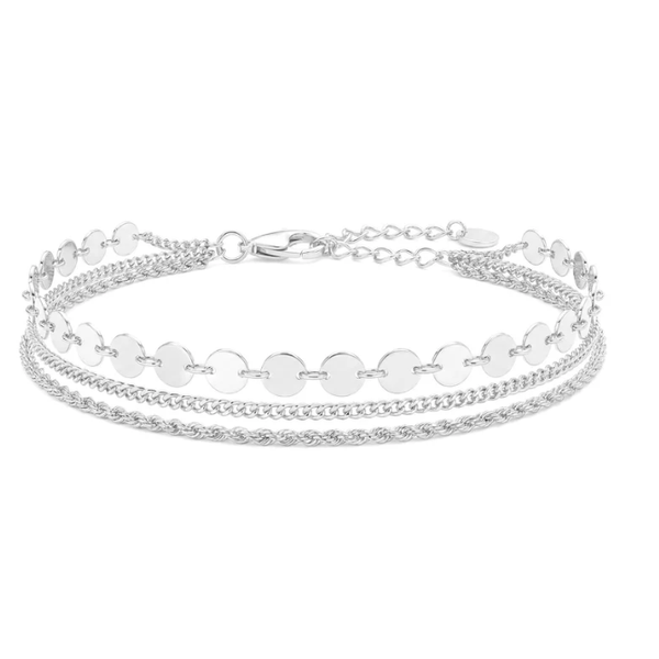 Twisted Rope, Curb, and Disc Station Bracelet Stack, Platinum Finish Sterling Silver Blocher Jewelers Ellwood City, PA