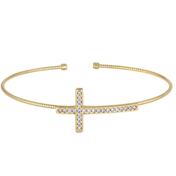Sterling Silver Single Cable Cuff Bracelet In Gold Finish Featuring A Sideways Cross With Channel-Set Simulated Diamonds Blocher Jewelers Ellwood City, PA