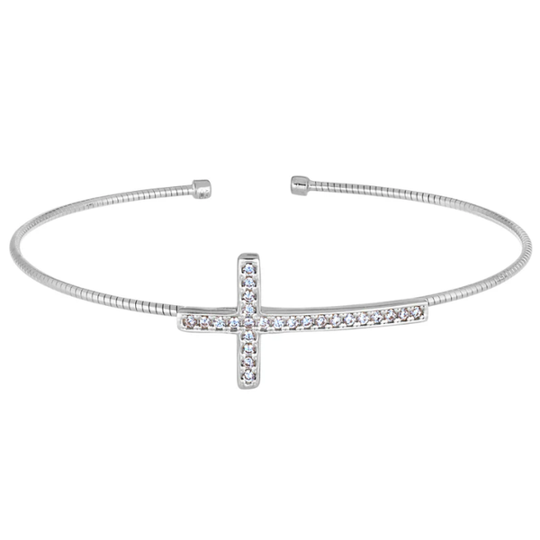 Sterling Silver Sideways Cross With Channel-Set Simulated Diamonds Cable Cuff Bracelet Blocher Jewelers Ellwood City, PA