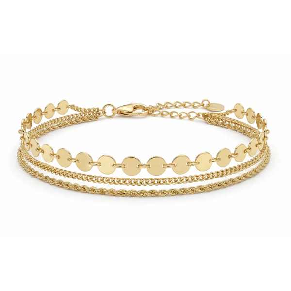 Gold Vermeil Sterling Silver Twisted Rope, Curb and Disc Station Bracelet Stack Blocher Jewelers Ellwood City, PA