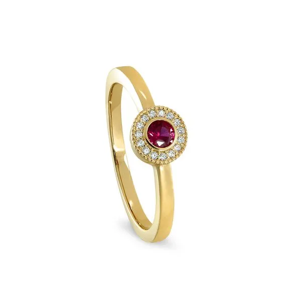 Gold Finish Sterling Silver Micropave Round Simulated Ruby Ring with Simulated Diamonds Blocher Jewelers Ellwood City, PA