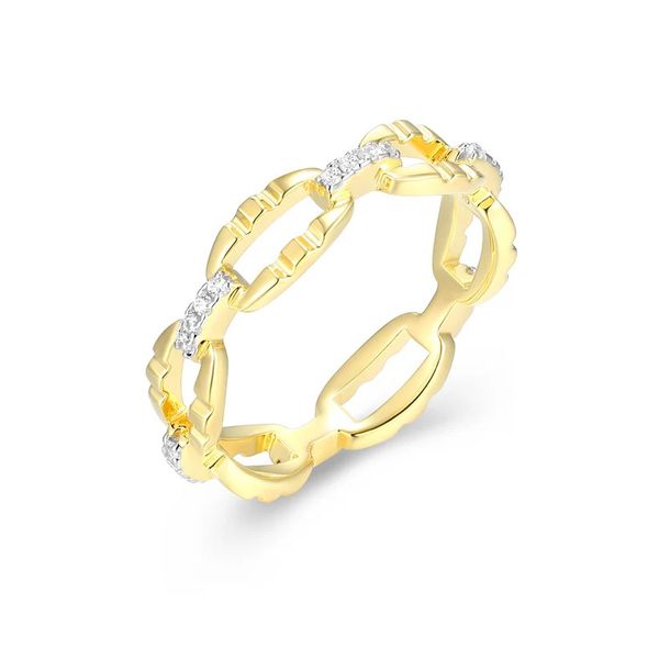 Sterling Silver Gold Plated CZ Elise Luxe Link Ring with 14K Yellow Gold Finish Size 7 Blocher Jewelers Ellwood City, PA