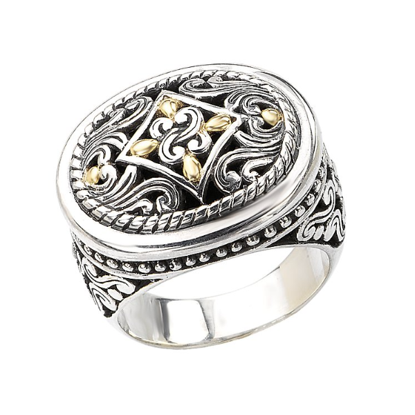 Ornate Oval Ring 18K Yellow Gold and Sterling Silver Size 7 Blocher Jewelers Ellwood City, PA