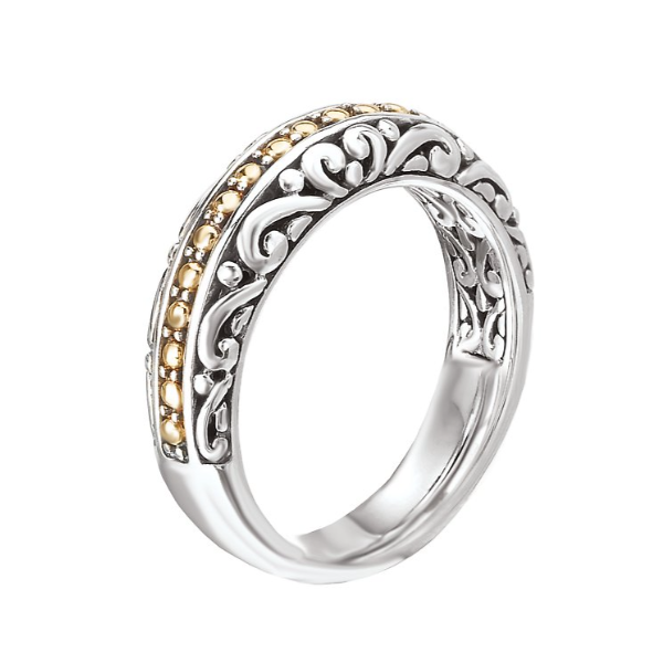 Bead Detail and Oxidized Swirl Design 18kt Yellow Gold & Sterling Silver Ring Size 7 Blocher Jewelers Ellwood City, PA