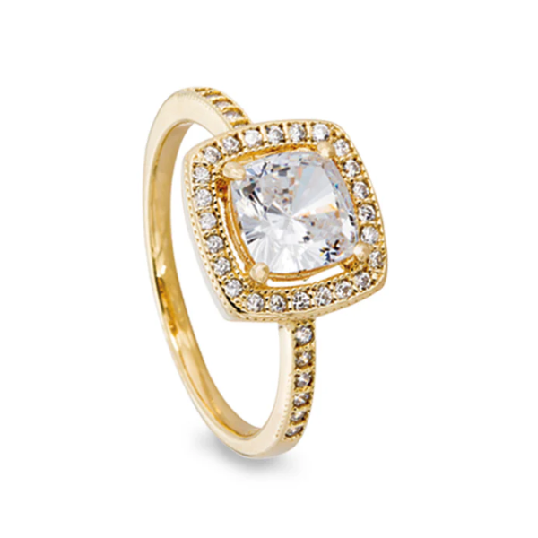 Gold Vermeil Finish Sterling Silver Cushion Cut Simulated Diamond, Micro Pave Halo, Ring Size 7 Blocher Jewelers Ellwood City, PA