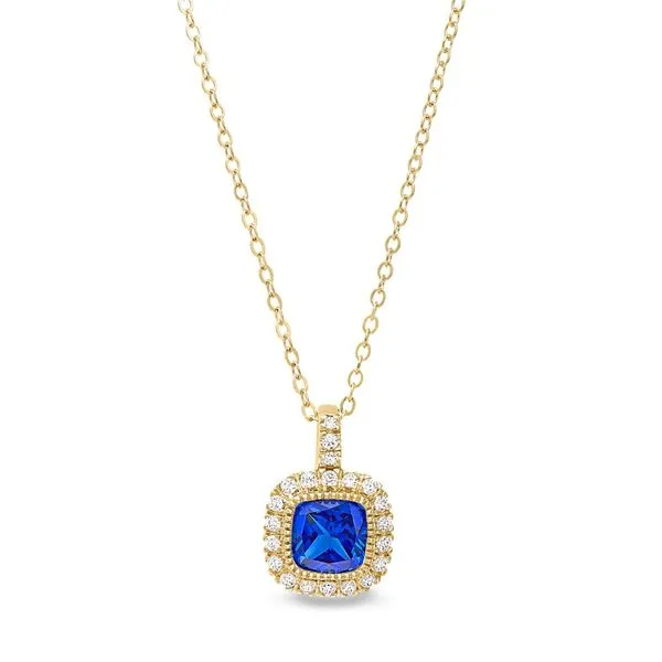 Gold Finish Sterling Silver Micropave Simulated Blue Sapphire Necklace with Simulated Diamonds Blocher Jewelers Ellwood City, PA