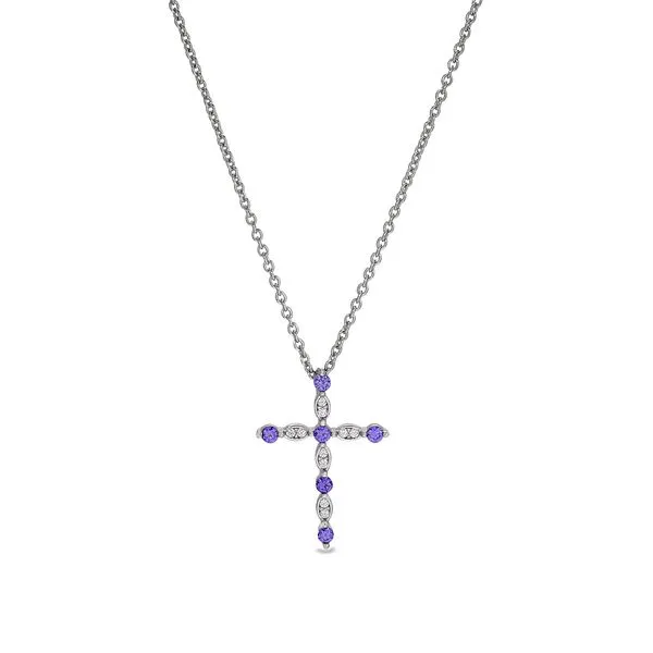Platinum Finish Sterling Silver Simmulated Amethyst Cross Pendant with Simmulated Diamonds Blocher Jewelers Ellwood City, PA