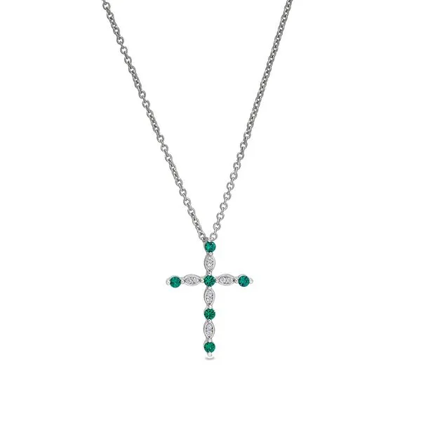 Platinum Finish Sterling Silver Simmulated Emerald Cross Pendant with Simmulated Diamonds Blocher Jewelers Ellwood City, PA