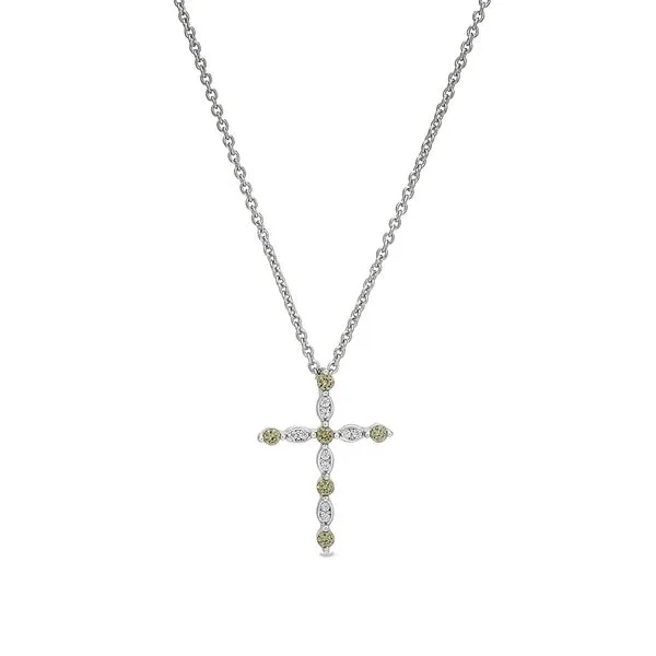 Platinum Finish Sterling Silver Simmulated Peridot Cross Pendant with Simmulated Diamonds Blocher Jewelers Ellwood City, PA