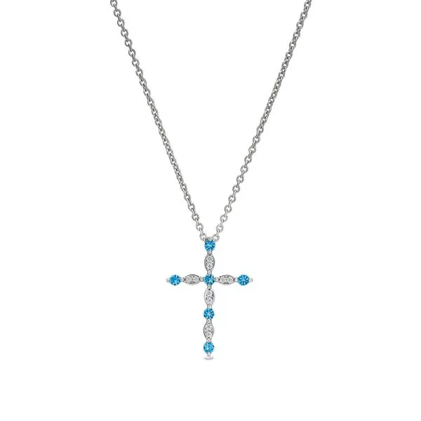 Platinum Finish Sterling Silver Simmulated Blue Topaz Cross Pendant with Simmulated Diamonds Blocher Jewelers Ellwood City, PA