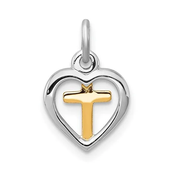Sterling Silver Rhodium-Plated And Vermeil Cross In Heart Charm Blocher Jewelers Ellwood City, PA