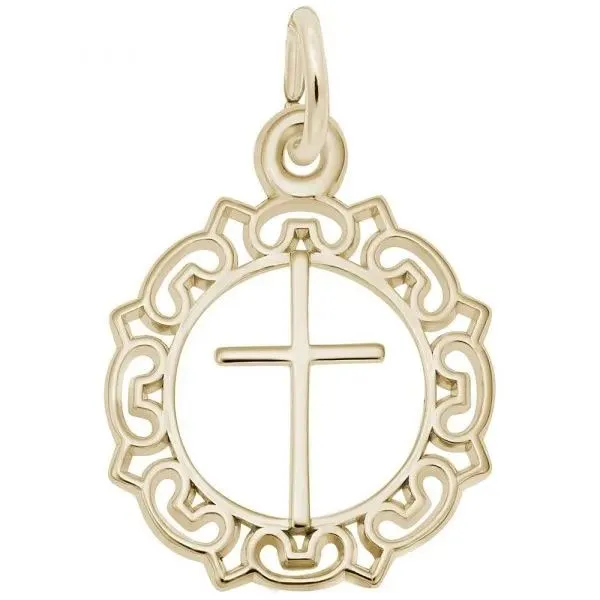 Gold-Plated Sterling Silver Cross with Ornate Border Charm Blocher Jewelers Ellwood City, PA
